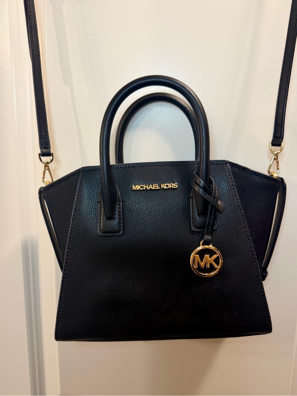 Michael Kors Black Leather Satchel with Gold MK Charm
